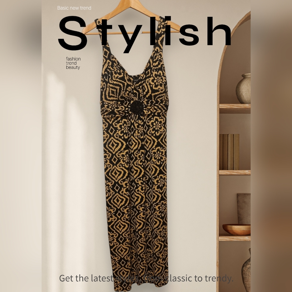 En Focus Dress Black/Tan Floral Beaded Empire Halter V-Neck, Size 14P.